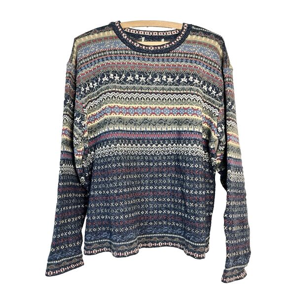 VTG Eddie Bauer 90s Fair Isle Cotton Sweater Pullover Crew Neck Nordic Large - Picture 1 of 6